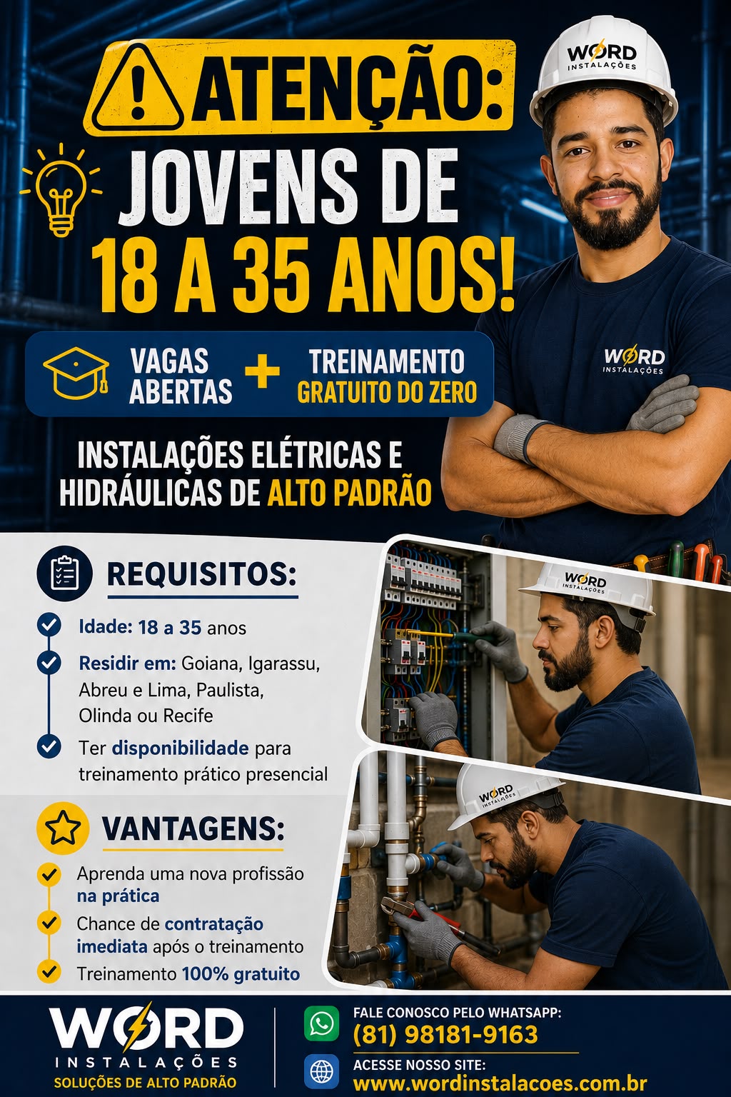Divulgação do treinamento gratuito de instalações elétricas e hidráulicas da Word Instalações
